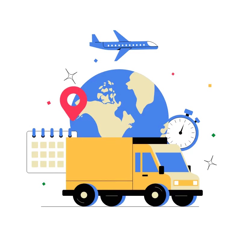 Delivery truck with a globe and clock